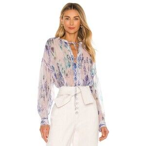 Revolve IRO Lade Blouse Watercolor Long Sleeve Plunge Boho Top SIZE 40